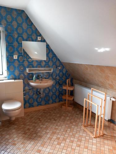 a bathroom with a sink and a toilet at Ferienhaus Carolin in Heidenheim