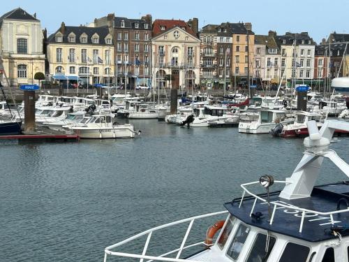 a group of boats docked in a harbor with buildings at Grand appartement, 3 chambres, centre de Dieppe in Dieppe