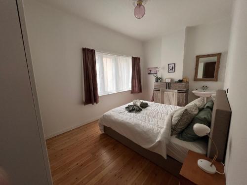 a bedroom with a bed and a sink at Charmante Art Deco rijwoning in Ostend