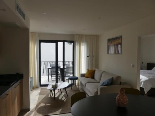 un salon avec un canapé et une table dans l'établissement Les Papillos du Ventoux - Le Petit Sylvain - één slaapkamer met terras, à Malaucène