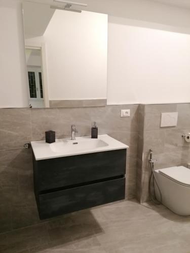 a bathroom with a sink and a toilet and a mirror at Le 2M Apartment in Bologna