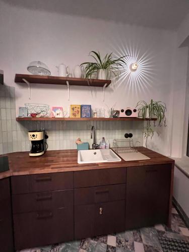 a kitchen with a sink and a counter top at Charmante Art Deco rijwoning in Ostend