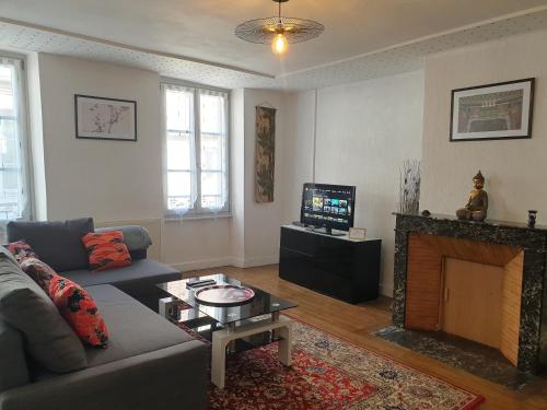 un salon avec un canapé et une cheminée dans l'établissement LE MATIN CALME - Charme ancien - Vue canal, à Dole