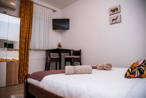 a bedroom with a bed with a chair and a television at Guest House Mylan in Ličko Petrovo Selo