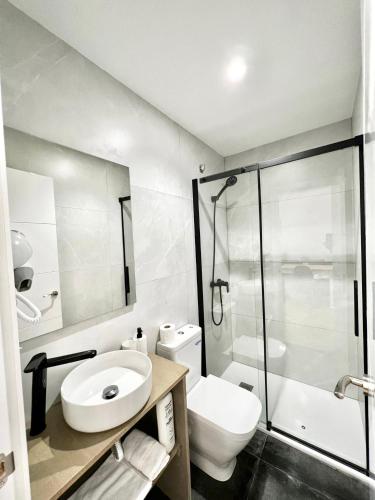 a bathroom with a toilet and a sink and a shower at Apartamento El Horno in Córdoba