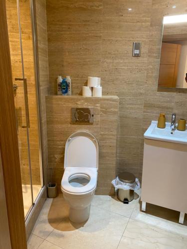 bagno con servizi igienici e lavandino di Apt with pools, spa, views and central location a Gibilterra