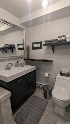 a bathroom with a toilet and a sink and a mirror at Simplement l’Harmonie à Chambly in Chambly
