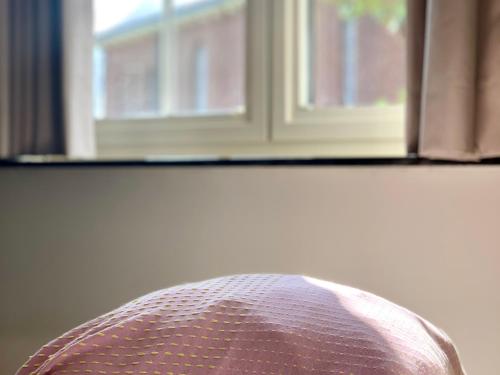 a close up of the back of a bed with a window at Hotel Au Nom De Dieu in Dilsen-Stokkem