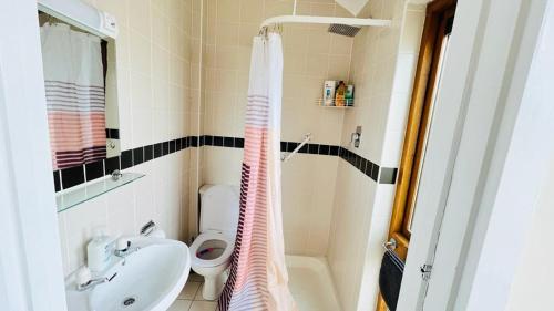 Baño pequeño con lavabo y aseo en Summer Breeze - Cosy & Warm Holiday Home in Youghal's heart - Family Friendly - Long Term Price Cuts en Youghal