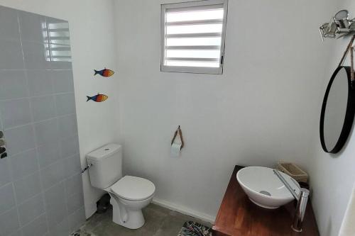 uma casa de banho com um WC, um lavatório e uma janela em Ti-Hibiscus Bungalow T1 Clim-WiFi 30m2 2 pers em Grande Savane