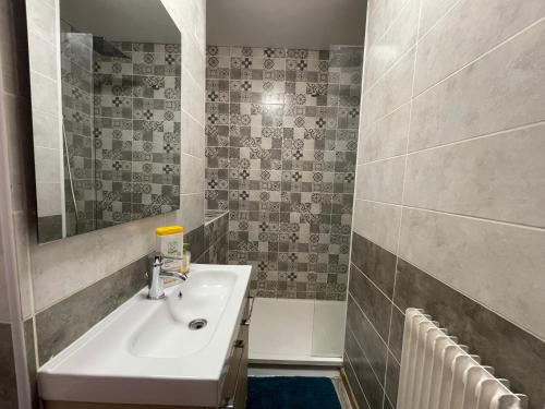La salle de bains est pourvue d'un lavabo et d'un miroir. dans l'établissement 016 CHIC & COSY GRAND APPART MODERNE 65m2 HYPERCENTRE WIFI SMART TV NETFLIX, à Saint-Étienne