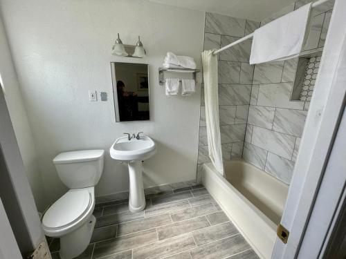 a bathroom with a toilet and a sink and a tub at Desert Inn in Mojave