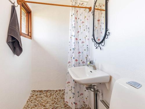 a bathroom with a sink and a shower curtain at Holiday home Vordingborg X in Vordingborg