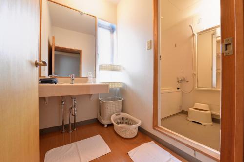 a bathroom with a sink and a shower and a mirror at Annex Hotel Abe in Kurihara