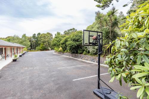 a basketball hoop in the middle of a parking lot at Black Forest Motel in Macedon