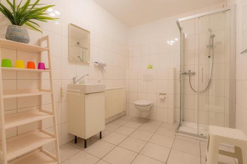 a bathroom with a shower and a sink and a toilet at Wohnung-C-305 in Böhl