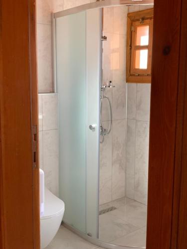 a bathroom with a glass shower with a toilet at Utku Konağı in Bartın