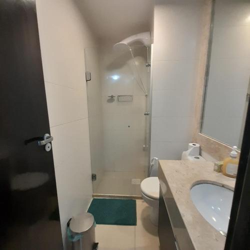 a bathroom with a sink and a toilet and a shower at Flat - VISTA PARA PISCINA in Brasilia