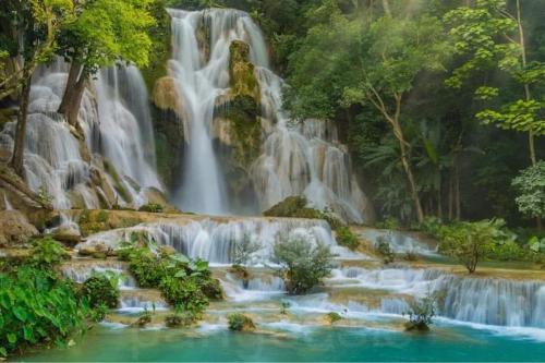 a painting of a waterfall in a forest at Chaluenxay Xiengthong Place in Luang Prabang