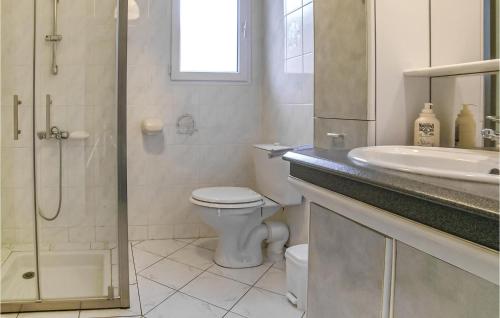 ラ・フォット・シュル・メールにあるBeautiful Home In La Faute Sur Mer With 2 Bedrooms And Wifiのバスルーム(トイレ、洗面台、シャワー付)