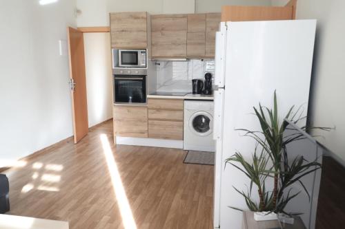 a kitchen with a washer and dryer in a room at Vallparadis apartment in Terrassa