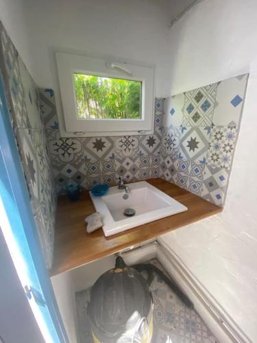 une petite salle de bain avec un lavabo et une fenêtre dans l'établissement A l'ombre du figuier ! Maisonnette jardin / parking / proche mer, à Frontignan