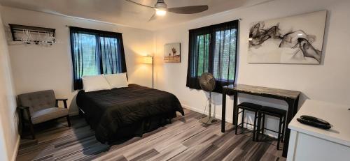 1 dormitorio con 1 cama, escritorio y 2 ventanas en #5 New! Cozy Getaway Hot Spot Hilo Keaau Big Island of Hawaii Self CheckIn Studio Apt, en Keaau
