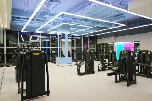 a gym with rows of treadmills and exercise bikes at Radegast Hotel CBD Beijing in Beijing