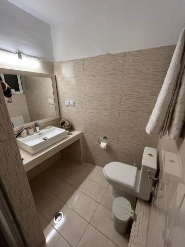 a bathroom with a sink and a toilet and a mirror at J&B Maisonette House in Marmari