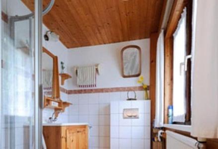 a small kitchen with a refrigerator and a wooden ceiling at Appartement Fallnhauser - Adults only in Hallstatt