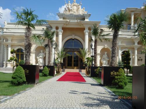 un edificio con una alfombra roja delante de él en Hotel Venecia Palace, en Michałowice