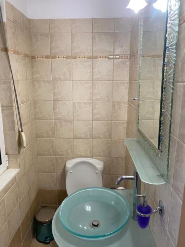 La salle de bains est pourvue d'un lavabo et de toilettes avec un miroir. dans l'établissement Villa Aiolos, à Loutraki