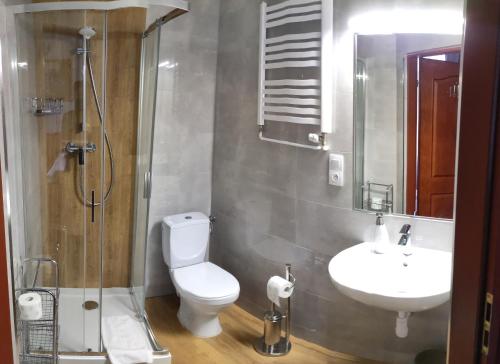 a bathroom with a toilet and a sink and a shower at Pensjonat Zamek Dersława in Busko-Zdrój