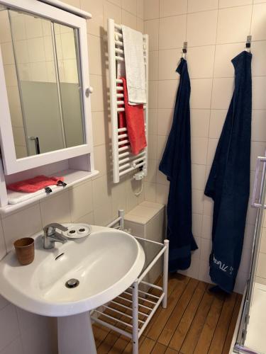La salle de bains est pourvue d'un lavabo et d'un miroir. dans l'établissement La Masa, à Èze
