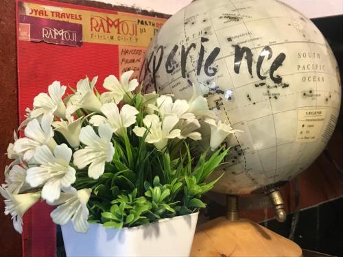 a globe and a vase of white flowers and a globe at Hotel Diamond in Secunderabad