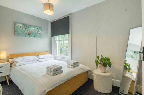 a bedroom with a large bed and a mirror at Cambridge 3 bedroom flat with private parking in Cambridge