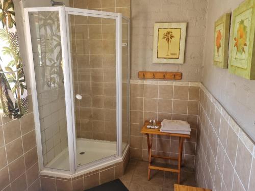 a shower stall in a bathroom with a table at Baroe House in Sutherland
