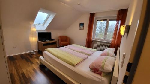 ヒンターツァルテンにあるFerienhaus Völkleのベッドルーム(ベッド1台、テレビ、窓付)