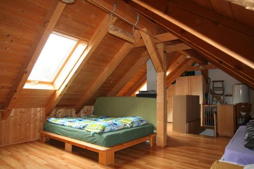 a bedroom with a green bed in a attic at Kletterhütte Sächsische Schweiz in Hohnstein