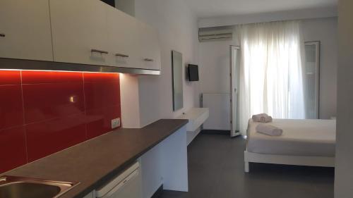 a kitchen with a sink and a couch in a room at Katerina Pool Apartments in Acharavi