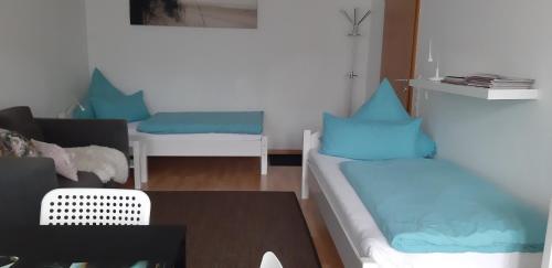 uma sala de estar com almofadas azuis e um sofá em City Apartment Tübingen-Lustnau em Tübingen