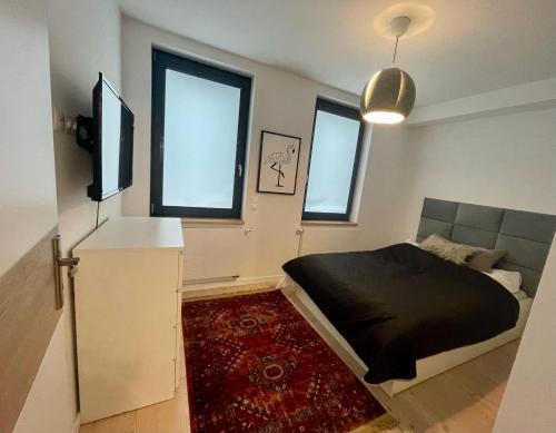 um quarto com uma cama e um sofá e duas janelas em Niezapominajek em Opole