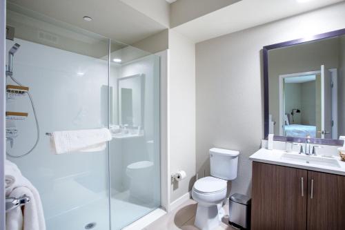 a bathroom with a shower and a toilet and a sink at Mountain View 2BR w Gym Pool Garden nr Dining SFO-381 in Mountain View