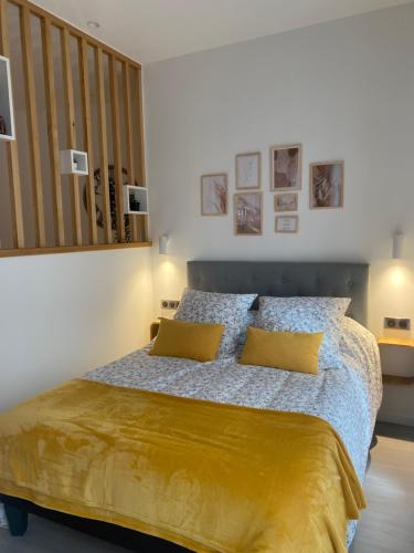 a bedroom with a large bed with yellow pillows at Logement confortable, Nancy Thermal, Parc Ste-Marie in Nancy