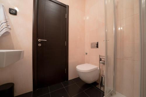 a bathroom with a toilet and a glass shower at Ladybug in Dobrota