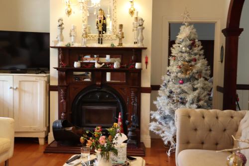 una sala de estar con un árbol de Navidad y una chimenea en Middleton House Maleny, en Witta