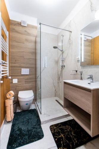 a bathroom with a shower and a toilet and a sink at Luxury Ambiance in Voluntari