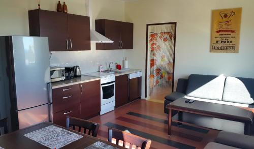 una cucina con frigorifero e tavolo con sala da pranzo di Nord Fish Apartments a Skarstein