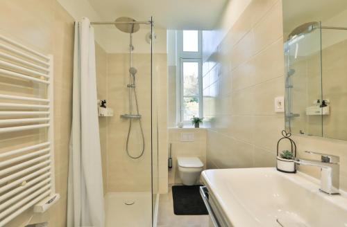 a bathroom with a shower and a sink and a toilet at Suite Tropez, Résidence de prestige in La Croix-Valmer