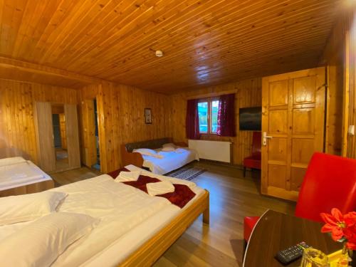 a bedroom with two beds and a television in it at Pensiunea La Cristina in Sinaia
